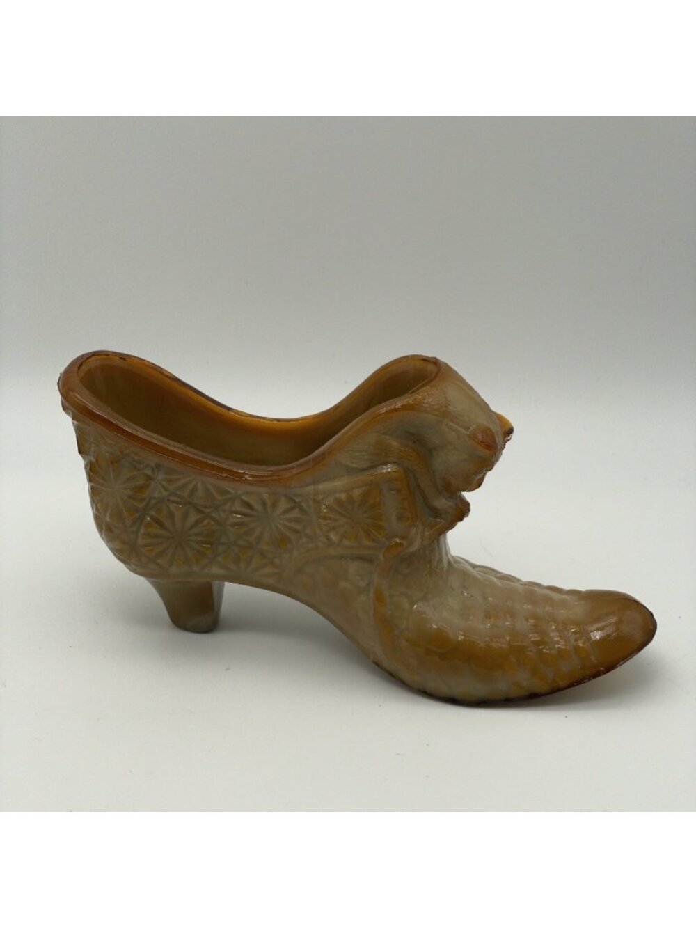 Vtg Unsigned Caramel Color Patterned Glass Cat Head Boot Shoe Slipper Figure